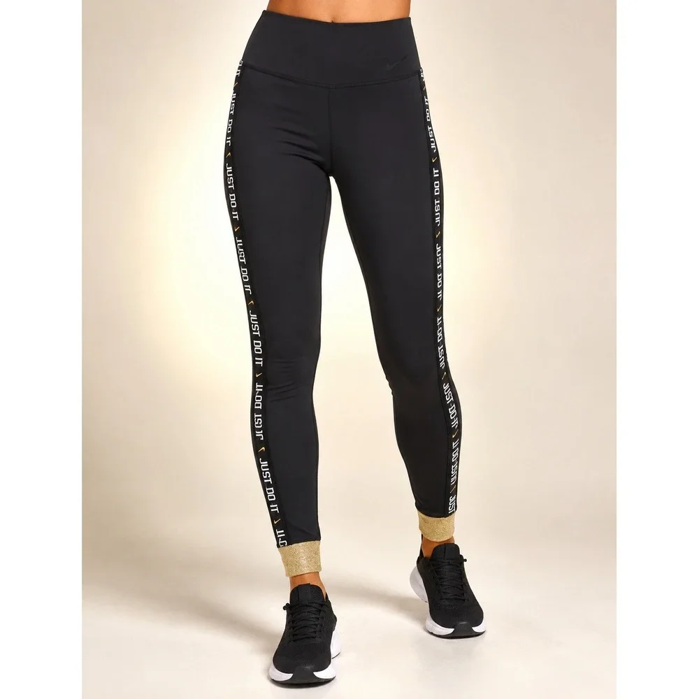 Nike Leggings Women S Black Gold Just Do It Taping High Waisted Excellent
